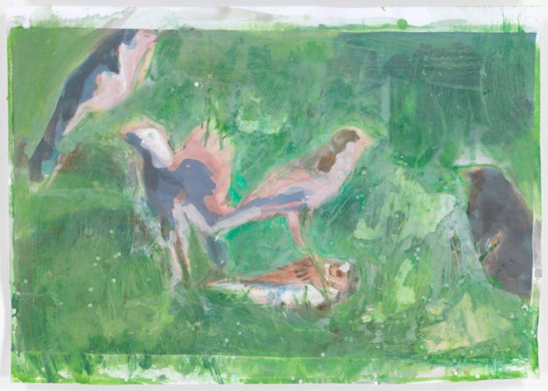 Crazy Birds, 2019, Filzstift, Kreide, Buntstift, Gouache, Tusche und Collage auf Papier, 48,5 x 68,5 cm